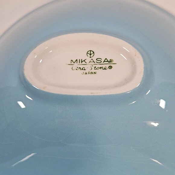 Vintage Mikasa Cera Stone Divided Serving Dish Blue & White Ceramic Oval MCM - Picture 3 of 8